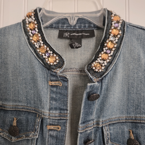 INC Women’s Crop Denim Jacket with Embellished Collar. Size L - Picture 4 of 9
